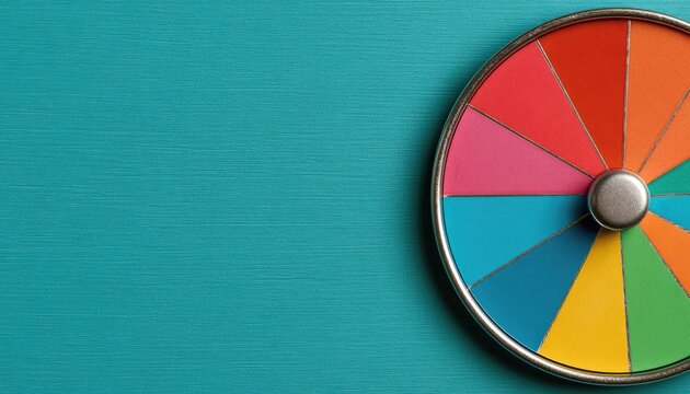 A vibrant, segmented wheel with rainbow colors spins on a textured teal surface