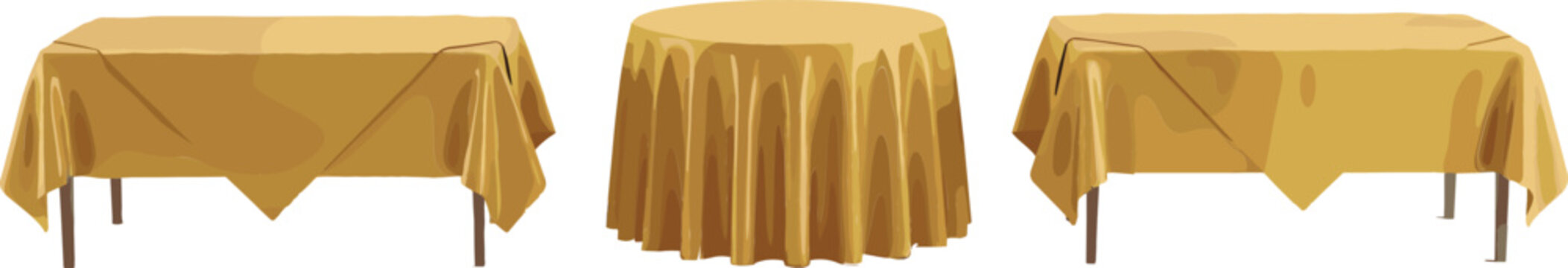Realistic Gold Satin Tablecloth Vector Set with Elegant Silk Folds, Round Banquet Drapes, and Rectangular Cover Templates for Luxury Event Catering