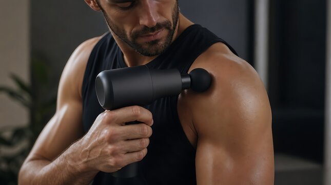 Fit athletic man applying handheld muscle massage gun to shoulder depicting post workout recovery, sports therapy, and muscle relief