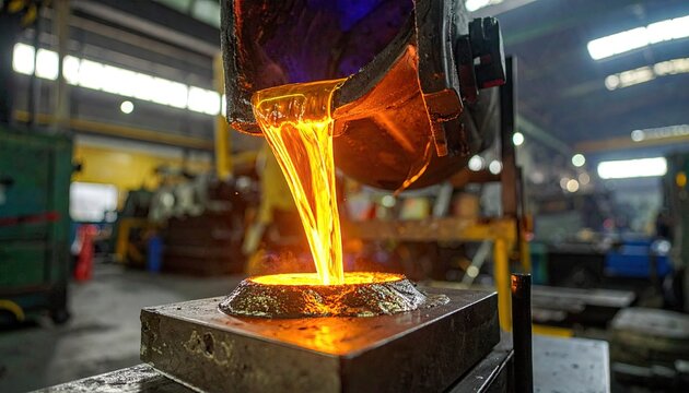 Molten liquid steel pouring into cast in metal factory.