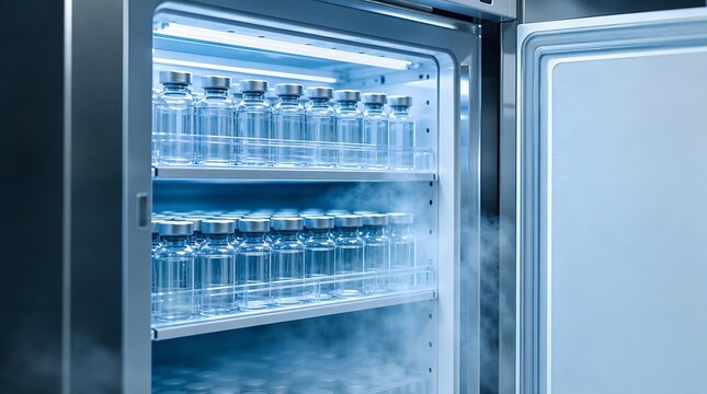 Open ultra low temperature medical freezer filled with glass vaccine vials releasing cold mist conveying cold chain logistics, pharmaceutical storage, and vaccine preservation
