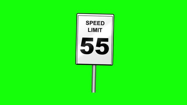 American 55 MPH speed limit road sign on metal pole isolated against a chroma key green background, standard US traffic regulation signage for highways and local roads.