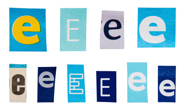 Set of blue ransom letters E cut out from vintage newspapers and magazines isolated for collage