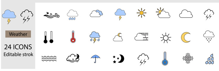 Obraz premium Weather line icons set. Sun, rain, thunder storm, dew, wind, snow cloud, night sky minimal vector illustrations. Simple flat outline signs for web. Editable Strokes