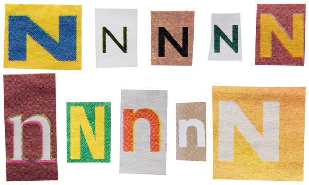 Set of colorful cutout letter N elements from vintage newspapers and magazines