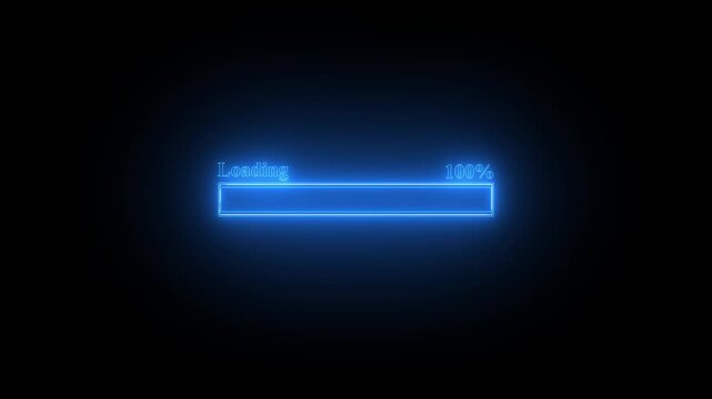 Blue neon loading bar animation with 100 percent completion