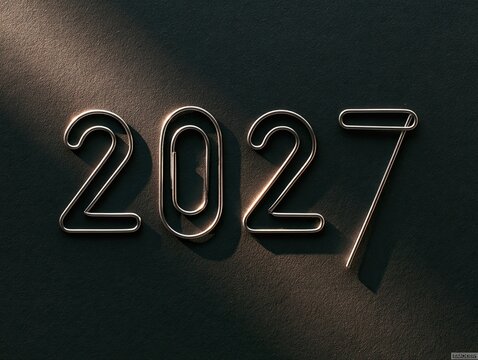 Metallic paperclips form the numbers 2027, casting shadows on a dark surface