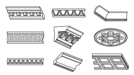 Classical architectural molding set, 9 decorative plaster crown molding icons, greek key border and ceiling medallion vector illustrations © Saad