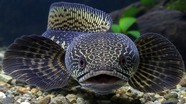Front view close up of Channa snakehead fish displaying flared pectoral fins representing predatory aquatic life and exotic fish keeping