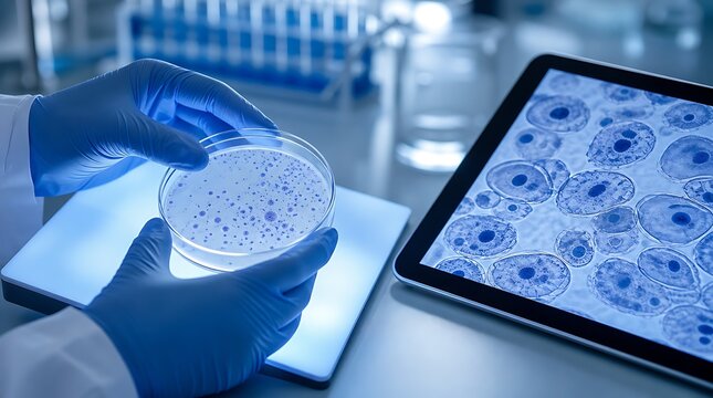 Researcher holding petri dish sample over illumination pad beside cell diagram tablet highlighting medical microbiology and cellular study