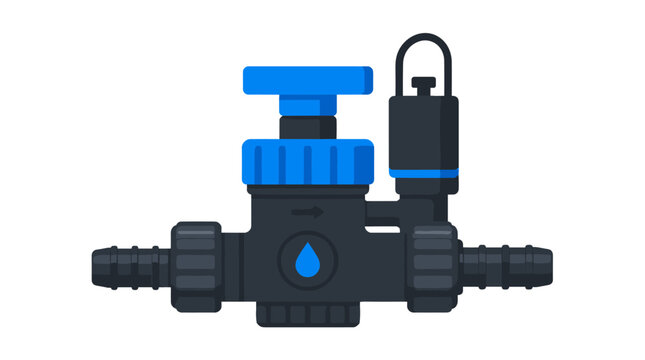 Blue plastic valve with metal body and handle.