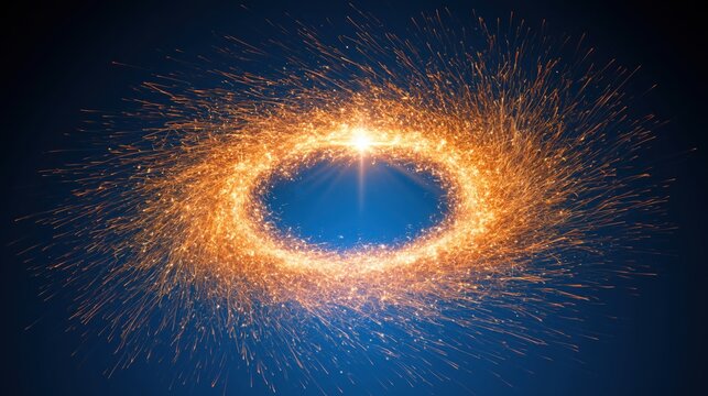 Bright swirling vortex of orange sparks and light against a dark blue background, abstract energy concept.