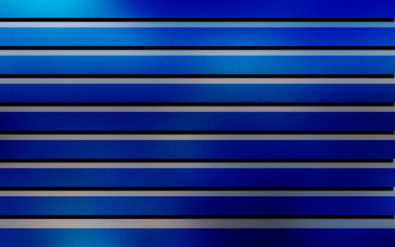 Abstract metallic blue texture composed of horizontal parallel bars with dark shadows gap.