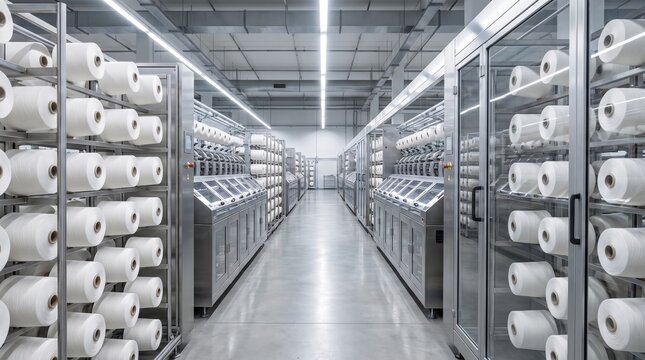 Industrial textile factory interior with many rows of white yarn spools on metal machines for fabric production
