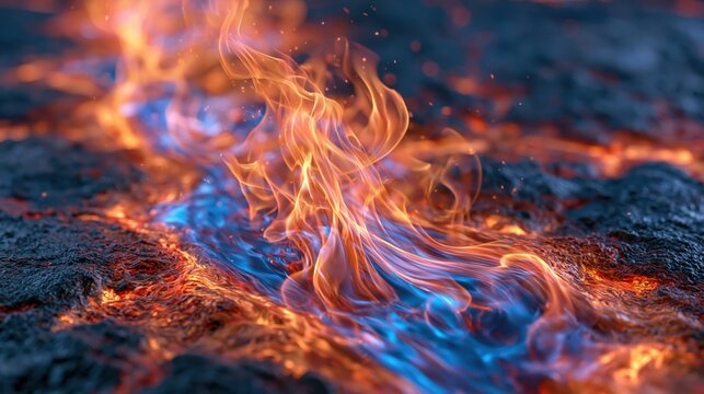 Close-up of vibrant blue and orange flames dancing over a dark, textured surface, suggesting intense heat and energy.