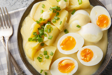German senfeier boiled eggs in mustard sauce close-up in a plate on the table. Horizontal top view...