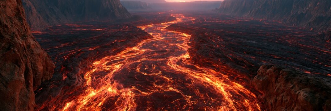 Fiery lava river flowing through a desolate volcanic landscape at sunset, dramatic natural phenomenon.
