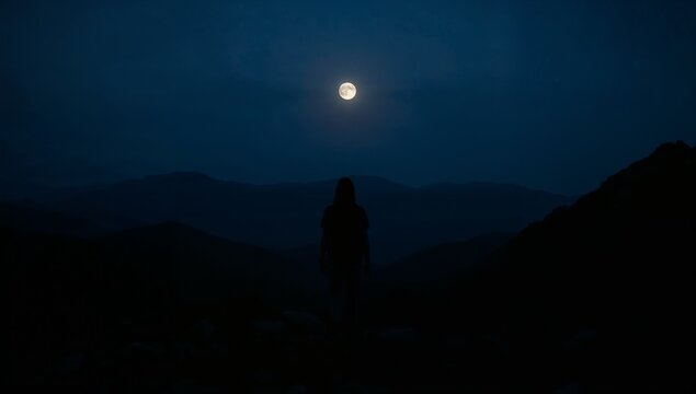 Silhouette of a person standing on a mountain overlook beneath a bright full moon at midnight