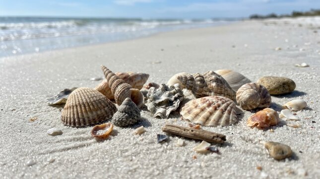 Coastal Treasures: A collection of diverse seashells and stones rest on a pristine sandy beach, with gentle ocean waves softly lapping in the background.
