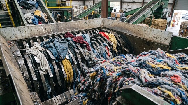 Industrial shredder machine processing piles of mixed plastic waste and materials in a large recycling plant facility