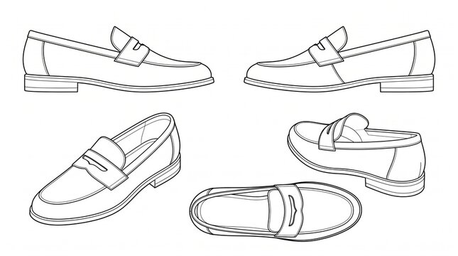 Penny Loafers Men's Footwear Fashion Illustration Technical Drawing Line Art Template Set