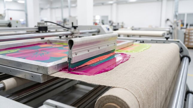 Industrial screen printing machine applying pink ink on a fabric belt in a modern clothing textile factory production