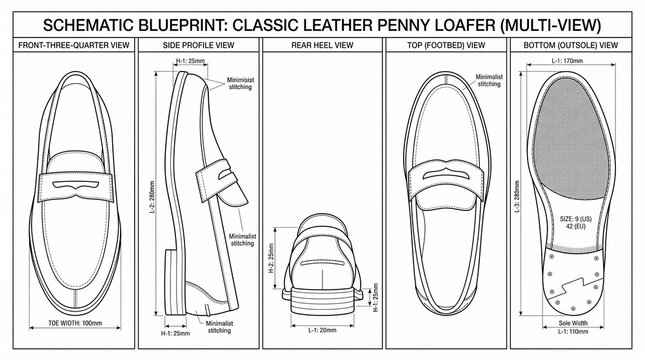 Schematic Blueprint of Classic Leather Penny Loafer: Multi-View Technical Drawing with Dimensions