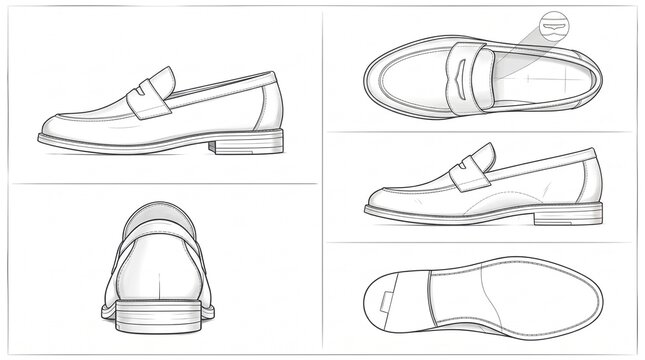 Technical Drawing of Classic Penny Loafer Footwear Design Template with Multiple Views