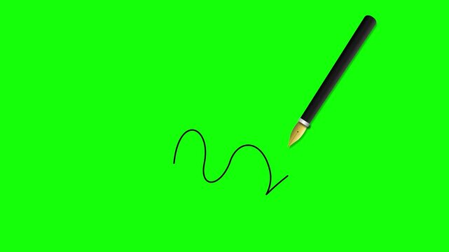 Fountain pen with black barrel and gold nib drawing a curved black line on a bright green chroma key background, 4K digital illustration representing writing and calligraphy.