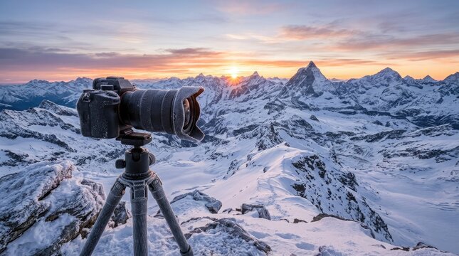 A professional camera on a tripod capturing a beautiful snowy mountain landscape at sunrise for world photography day celebration and inspiration