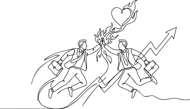 Continuous one line drawing of generic businessmen jumping for high five creating flaming heart and rising chart for business synergy and successful partnership concept vector