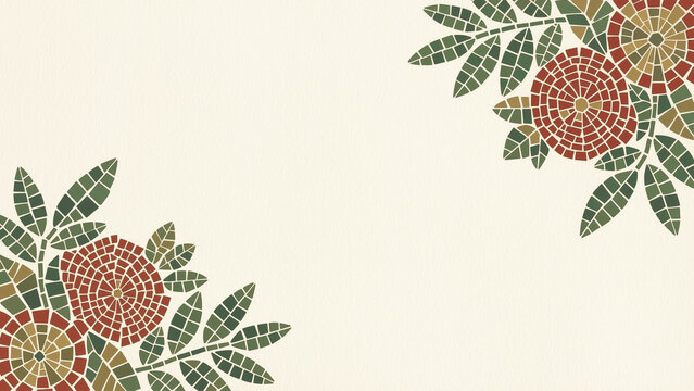 A vintage-style mosaic background featuring intricate tile patterns forming floral and leaf motifs in the bottom corners and along the bottom border, set against an off-white textured paper with a cle