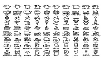 Obraz premium transportation, vehicle, icon, vector, lineart, car, bus, taxi, bicycle, train, airplane, helicopter, ship, truck, motorcycle, travel, mobility, logistics, public, transit, editable, stroke, outline, 