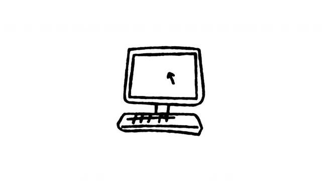 Hand drawn 4K desktop computer doodle animation with boiling line movement. Frame by frame line art on black and green screen backgrounds for PC workstation, hardware, office, and monitor edits.