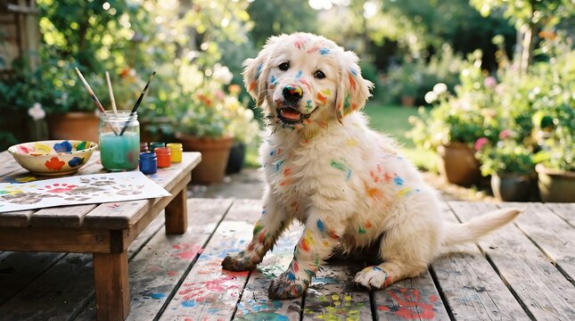 Little golden retriever puppy covered in colorful paint spots sitting on wooden deck with art supplies in outdoor home garden setting.