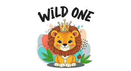 Fototapeta premium Cute cartoon lion cub wearing a gold crown
