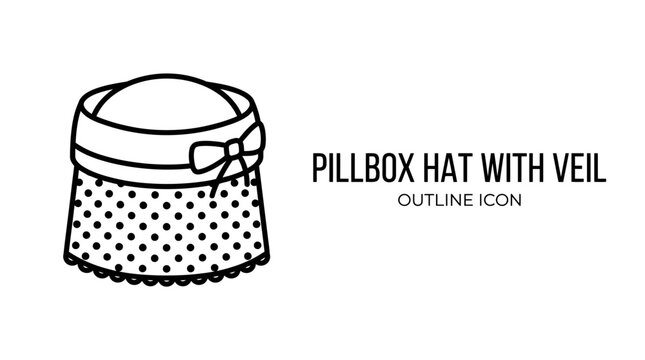 A simple black and white outline icon of a vintage pillbox hat with a dotted veil.