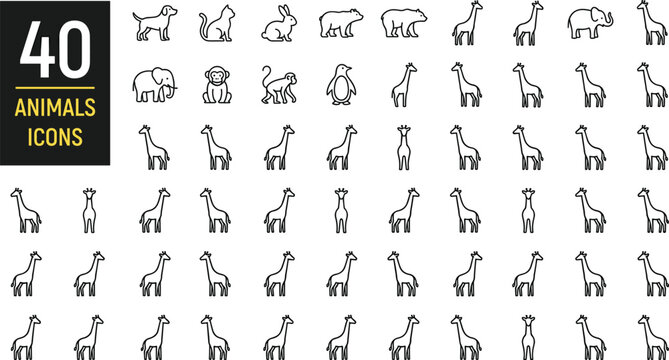 Wild and domestic animals line icons set featuring multiple giraffe poses elephant monkey and bear for safari zoo design