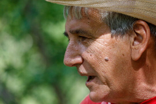 Man wears straw hat outdoors. Green leaves blur softly behind him. Sunlight gently illuminates his face. He appears thoughtful, eyes closed briefly.