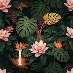 Tropical seamless pattern with lotus flowers and monstera leaves © Riri