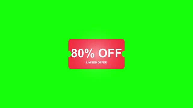 Torn red 80 percent off discount coupon with white text reading limited offer, isolated on green screen chroma key background for video editing and marketing promotions.
