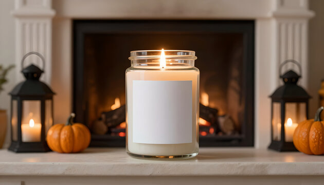 Candle Jar Mockup Lit in Cozy Halloween Setting: Autumn Decor