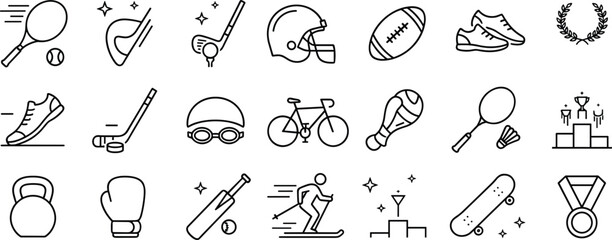 Comprehensive sports and fitness minimal line icon set with equipment championship trophies footwear and outdoor activities isolated on white background © MDHELAL
