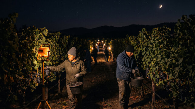 Adult teams start nighttime grape picking beneath amber vineyard lights