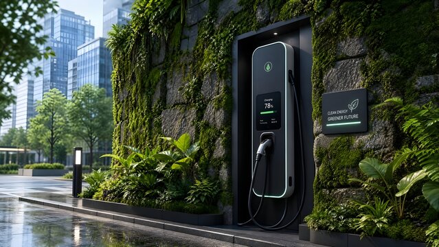 Modern electric vehicle charging station mounted on a lush vertical garden wall with digital display screen and green leaf logo