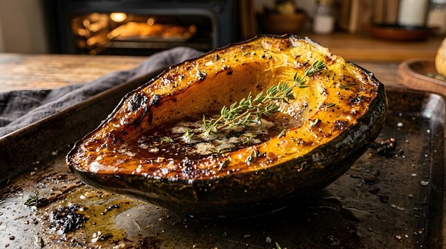 Roasted acorn squash on a baking sheet, baked vegetable dish with herbs and glaze, perfect for National Acorn Squash Day