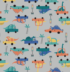 Minimalist Scandinavian Dinosaur Vehicles Wallpaper on Grey Background © Chumky