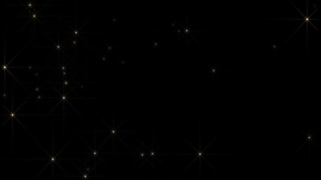 Glitter sparkle animation, abstract gold twinkling star particles on black screen, abstract sparkly light ray overlay pattern, glowing gold star trail animation, 4k video