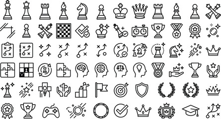 Chess and strategy line icons set featuring board game pieces tactics competition trophies awards brain thinking logic concepts vector © Habiba