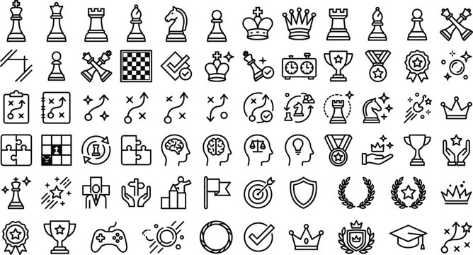 Chess and strategy line icons set featuring board game pieces tactics competition trophies awards brain thinking logic concepts vector